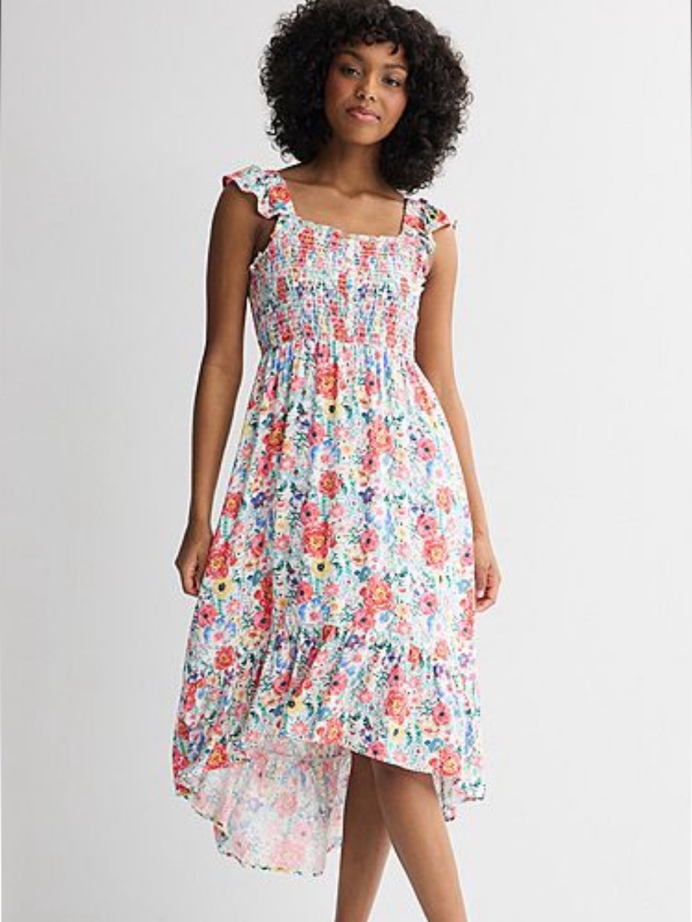 Floral Smocked Midi Dress With Ruffle Sleeves White Multicolor Flowers M Medium